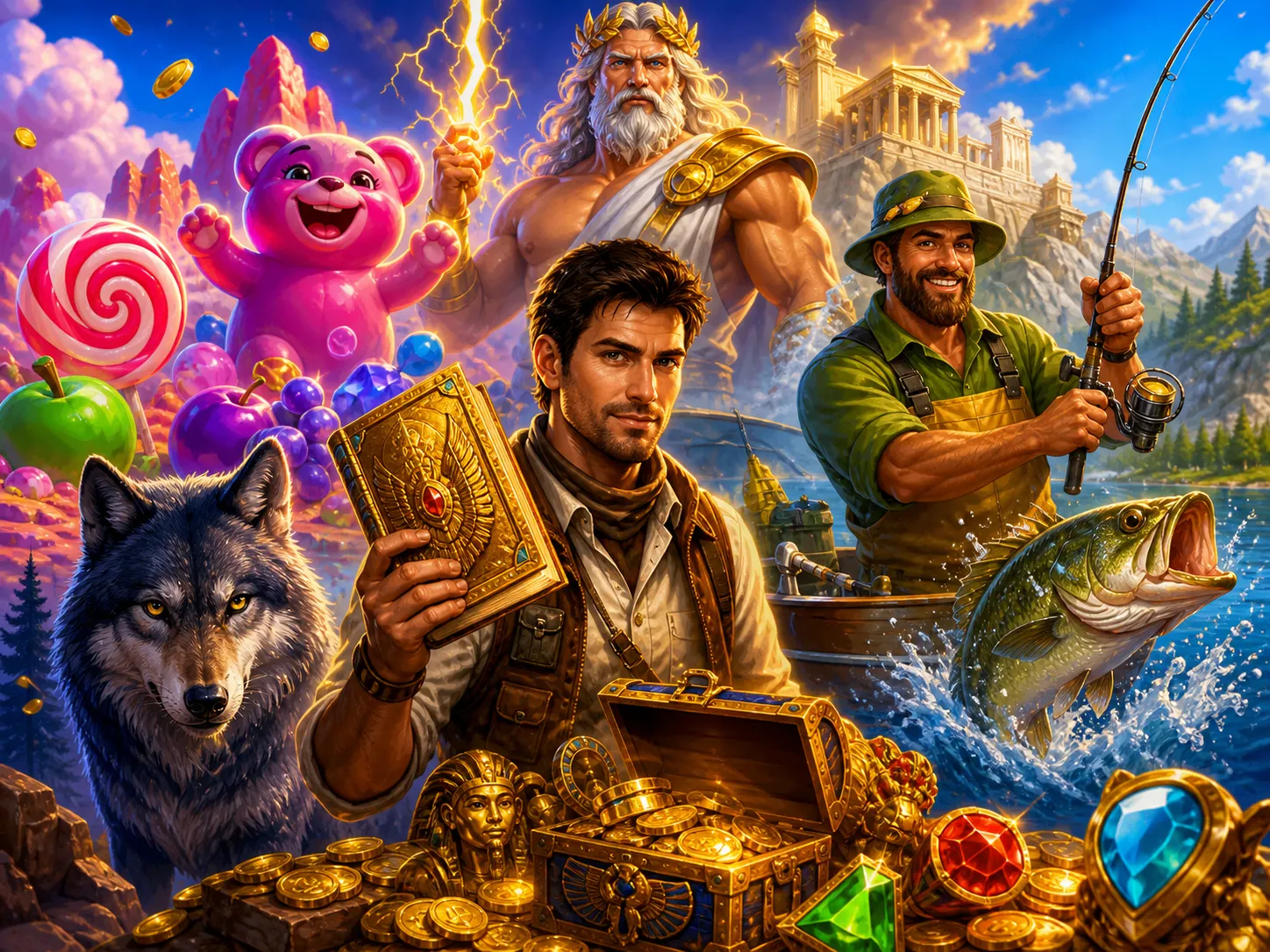 Artwork of colorful slot game characters and worlds associated with Mostbet.