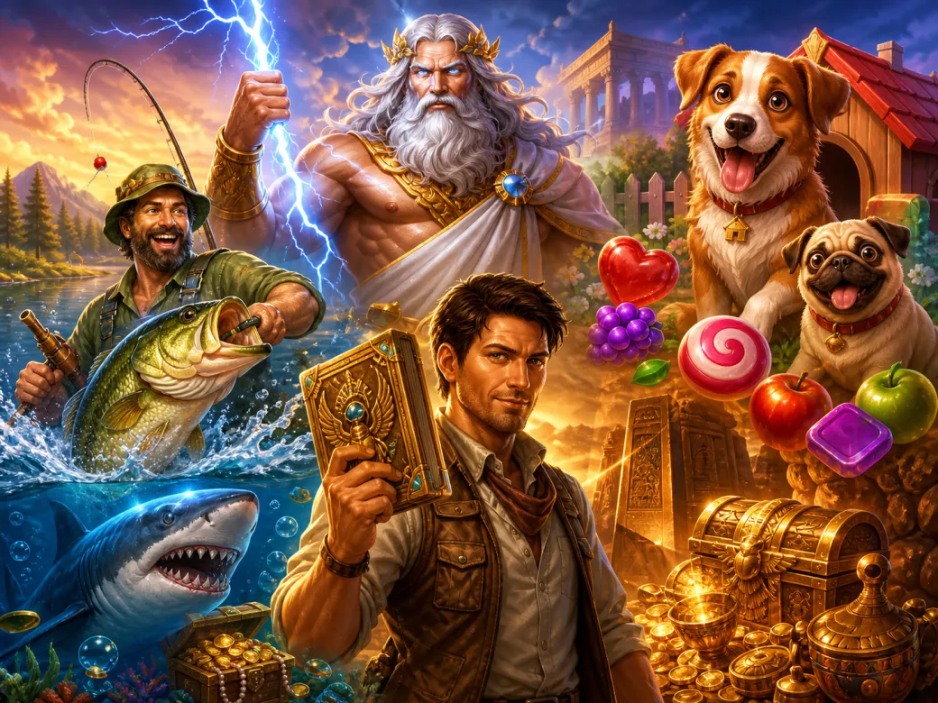 Promotional artwork featuring characters and themes from various slot games, blending vibrant fantasy and adventure elements.